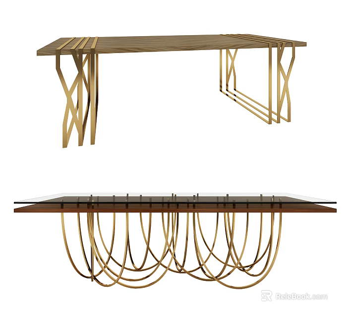 Modern Gold Dining Table With Cross And Curved Leg Structures And Sleek Tabletop 3d model 