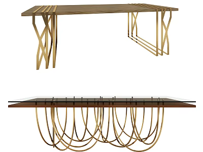 Modern Gold Dining Table With Cross And Curved Leg Structures And Sleek Tabletop 3d model