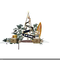 Tsingtao Beer Decorative Setup With Lighted Tree Green Plants And Wooden Boxes