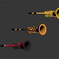 Red Black and Gold Saxophones with Shiny Reflective Surfaces on Dark Background