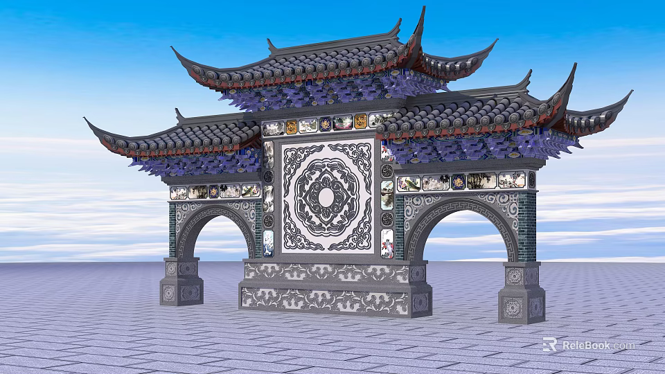 Traditional Chinese Paifang Archway With Ornate Roof Decorative Patterns And Arched Doorways 3d model 