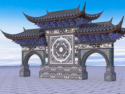 Traditional Chinese Paifang Archway With Ornate Roof Decorative Patterns And Arched Doorways 3d model