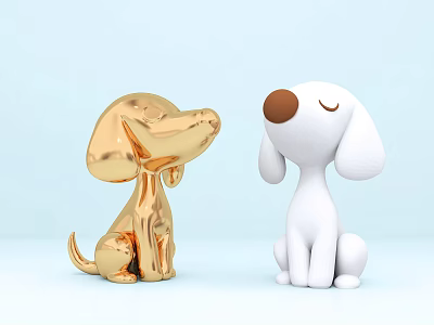 Golden And White Reptile Figurines Sitting Face To Face On Light Blue Background 3d model