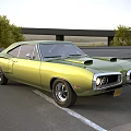 Green Classic Muscle Car With Two Door Design And Hood Vents In City Skyline