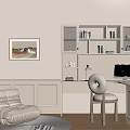Warm Minimalist Desk Interior With Lit Shelves Round Back Chair Accent Chair And Wall Art