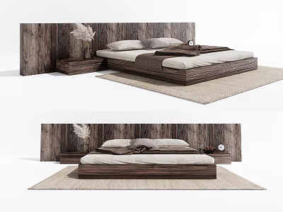 Modern Double Bed With Wooden Headboard Nightstand Soft Bedding And Area Rug 3d model