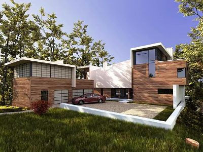 Modern Single Family Home With Wooden Exterior Glass Windows And Red Car On Lawn 3d model