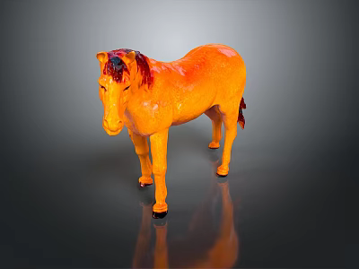 Orange Horse Sculpture With Red And Black Mane On Dark Background With Reflection 3d model