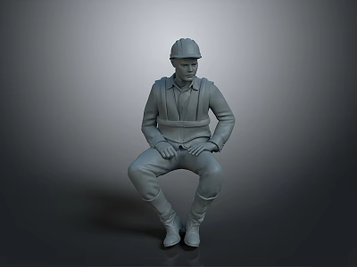 Seated Construction Worker 3D Model Wearing Safety Helmet And Work Uniform On Gray Background 3d model