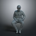 Seated Construction Worker 3D Model Wearing Safety Helmet And Work Uniform On Gray Background