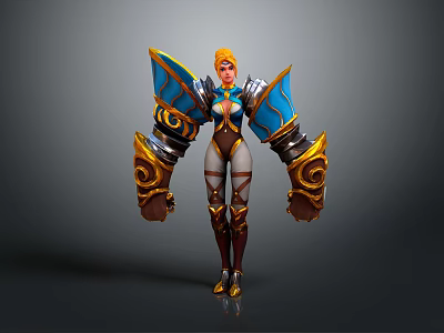 Game Movie Character With Orange Hair Blue Golden Armor Large Shoulder Wings And White Outfit 3d model