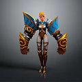 Game Movie Character With Orange Hair Blue Golden Armor Large Shoulder Wings And White Outfit