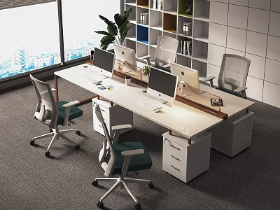 Modern Office Desk With Two Computer Monitors Ergonomic Chairs Bookshelf And City View 3d model