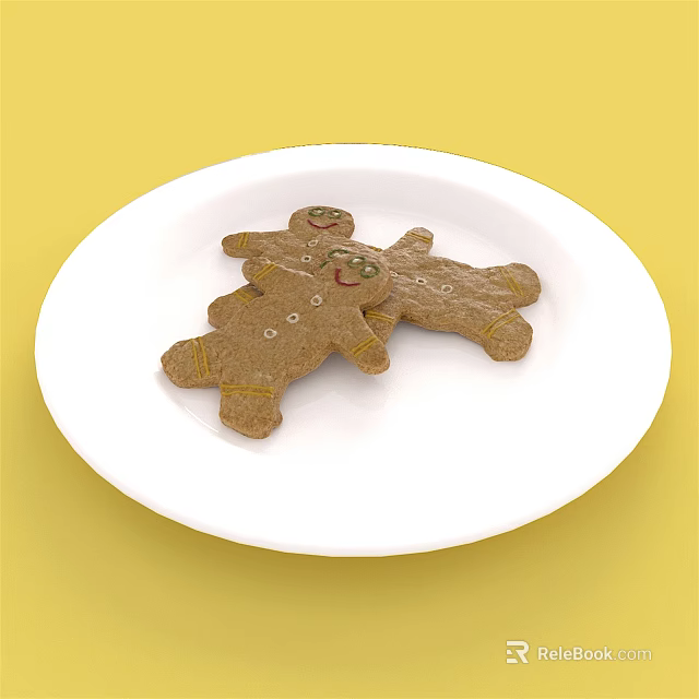 Festive Decorated Gingerbread Men Cookies on White Plate Yellow Background 3d model 