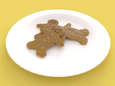 Festive Decorated Gingerbread Men Cookies on White Plate Yellow Background 3d model