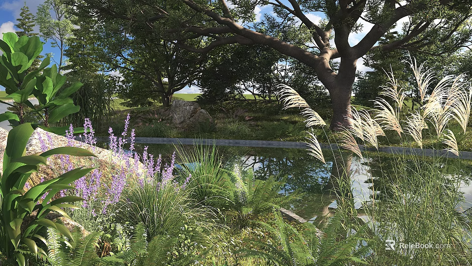 Serene Natural Landscape With Pond Trees Purple Flowers And Plants 3d model 