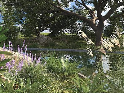 Serene Natural Landscape With Pond Trees Purple Flowers And Plants 3d model