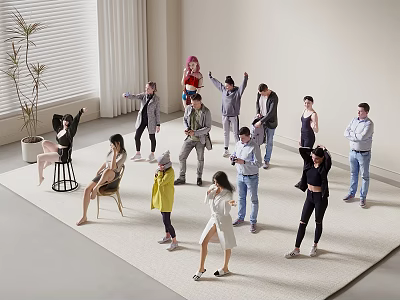 Group of People Dancing Waving Standing Sitting In Indoor Room With White Walls Plant Carpet 3d model