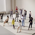 Group of People Dancing Waving Standing Sitting In Indoor Room With White Walls Plant Carpet