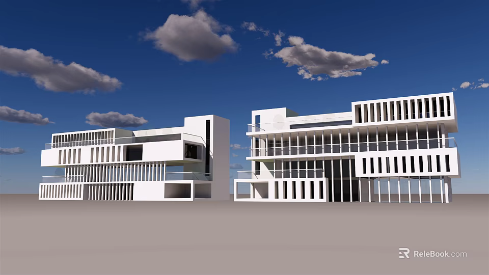 Modern White Office Building With Glass Windows Balconies Blue Sky And White Clouds 3d model 