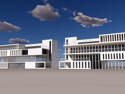 Modern White Office Building With Glass Windows Balconies Blue Sky And White Clouds 3d model