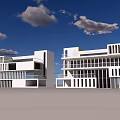 Modern White Office Building With Glass Windows Balconies Blue Sky And White Clouds