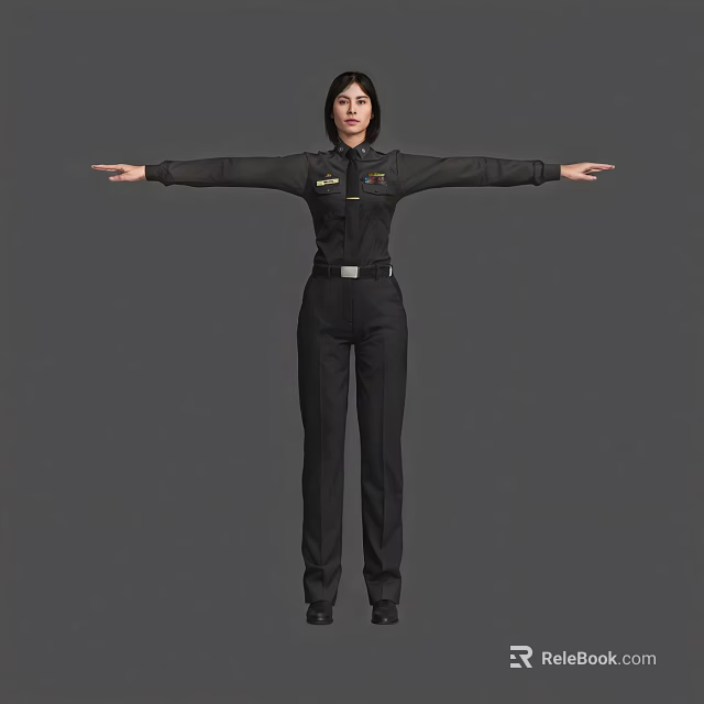 Woman Wearing Black Uniform With Arms Extended In Full Length Standing Pose 3d model 