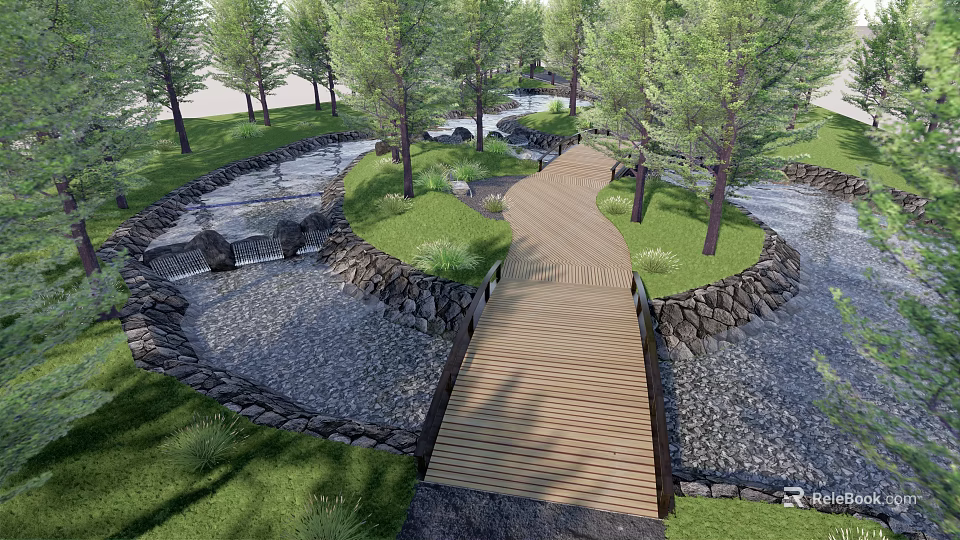 Scenic Park Landscape with Wooden Bridge Stream Lush Trees and Green Grass 3d model 