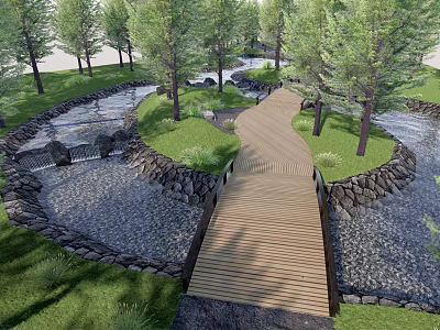 Scenic Park Landscape with Wooden Bridge Stream Lush Trees and Green Grass 3d model