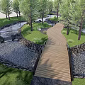 Scenic Park Landscape with Wooden Bridge Stream Lush Trees and Green Grass