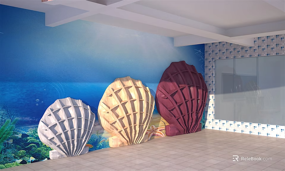 Shell Shaped Bookcases In Ocean Themed Interior With Various Colors And Decor 3d model