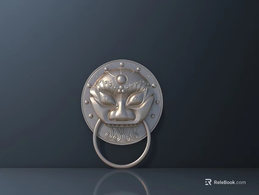 Lion Head Metal Door Knocker With Circular Base And Carved Details On Dark Wall 3d model 