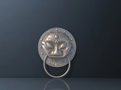 Lion Head Metal Door Knocker With Circular Base And Carved Details On Dark Wall 3d model
