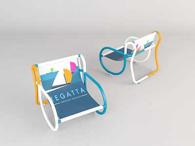 Two Colorful Lounge Chairs With White Blue Orange Frame And Geometric Pattern REGATA Text 3d model