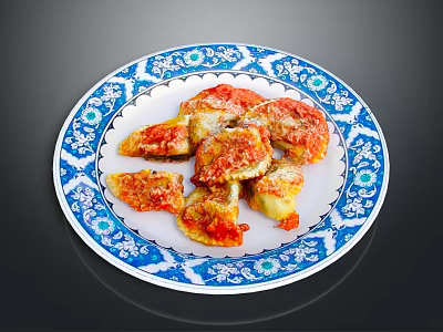 Golden Brown Fried Dumplings With Tomato Sauce And Cheese On Blue White Patterned Plate 3d model