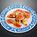 Golden Brown Fried Dumplings With Tomato Sauce And Cheese On Blue White Patterned Plate