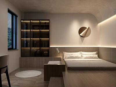 Tatami Bedroom Design With Tatami Bed Wooden Furniture Circular Mirror Window And Warm Lighting Strips 3d model
