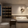 Tatami Bedroom Design With Tatami Bed Wooden Furniture Circular Mirror Window And Warm Lighting Strips