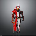 Armor Clad Character With Red Dragon Creature Spiked Helmet And Sword In Black White Armor