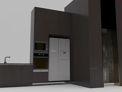 Modern Kitchen Interior With Stainless Steel Double Door Refrigerator And Dark Brown Cabinets 3d model