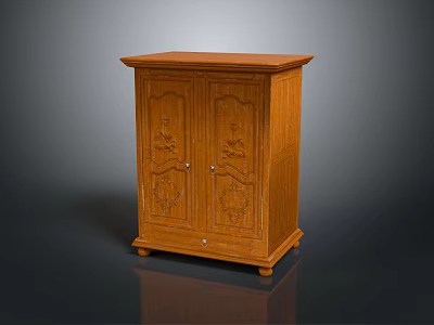 Wooden Entryway Side Cabinet With Carved Double Doors And Storage Design 3d model