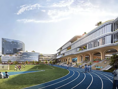 Modern School Building With Running Track Green Lawn And Students Activities 3d model