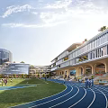 Modern School Building With Running Track Green Lawn And Students Activities