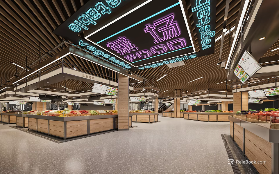 Supermarket Fresh Food Market Section With Vegetable Fruit Stalls And Neon Lighting 3d model 