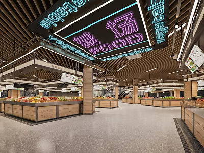 Supermarket Fresh Food Market Section With Vegetable Fruit Stalls And Neon Lighting 3d model