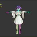 Anime Style Game Movie Character With Blue Hair White Dress Pink Trim And Arms Outstretched