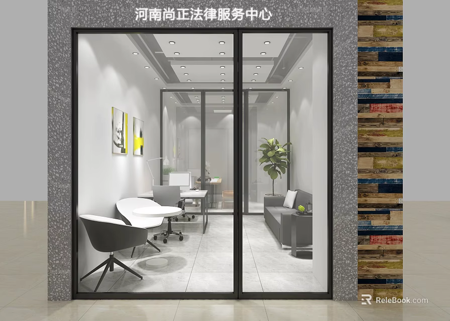 Modern Legal Office Interior With Glass Door Office Desks Chairs Sofa And Green Plant 3d model 