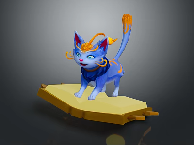 Blue Cat Character With Orange Ears Tail And Blue Scarf On Yellow Platform 3d model