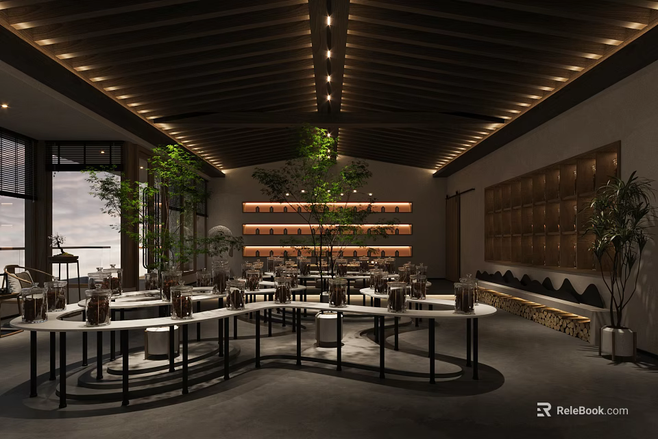 Restaurant Interior Design With Wooden Ceiling Round Tables Green Plants Natural Light And Shelves 3d model 