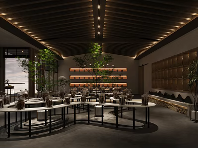 Restaurant Interior Design With Wooden Ceiling Round Tables Green Plants Natural Light And Shelves 3d model